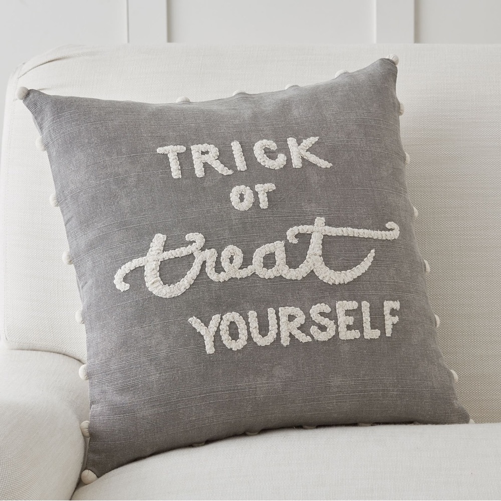 Pottery Barn Trick or Treat Yourself Embroidered Pillow Cover with PomPom Detail